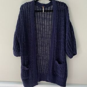 Free People Open Knit Navy Blue Sweater Cardigan - Size: Medium